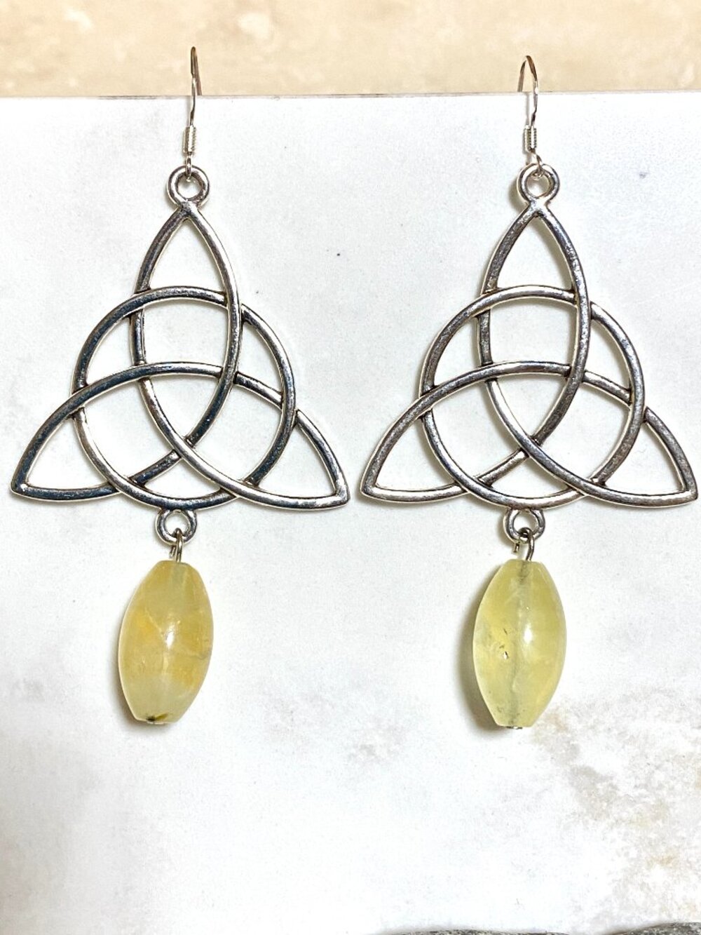 2/$20, Yellow Green Prehnite Celtic Trinity Dangle Earrings, Gemstone & 925 Hook